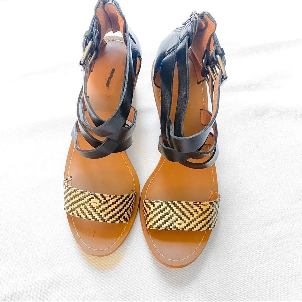 Madewell Lora Chunky Block Stacked Heel Sandasl Leather Tribal Raffia Strappy - Picture 3 of 8